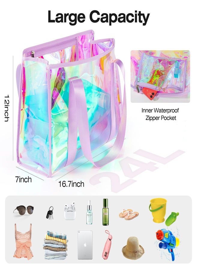 KUAK Large Beach Tote Bags for Women Gorgeous Iridescent Clear Tote Bag Waterproof Sandproof Beach Bag with Inner Waterproof Zipper Pocket, Tip-Proof for Swim, Pool, Travel, Cruise, Boat-Purple Strap - Image 3